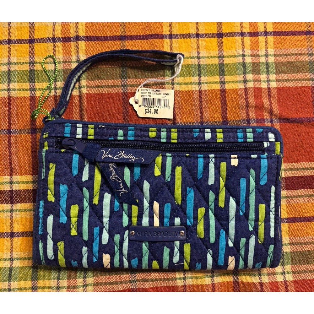 Vera Bradley Abstract Zip Wristlet Wallet Blue Green White Card Slots NWT